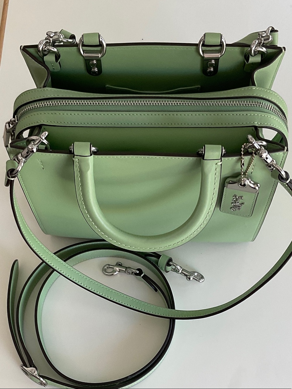 Coach Pistachio Green Leather Double-Zip Satchel with Silver Hardware